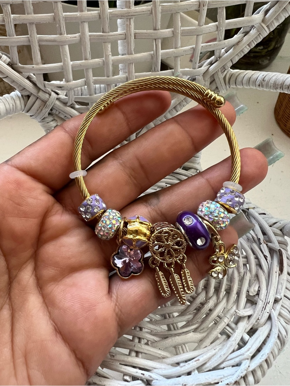 Gold-Tone Purple Charm Bracelet with Lavender and Crystal Beads